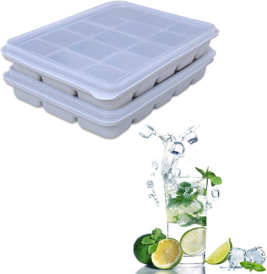 Ice Cube Trays Set of 2, Easy Release 15 Flexible Silicone Ice Cube Molds with Removable Lid