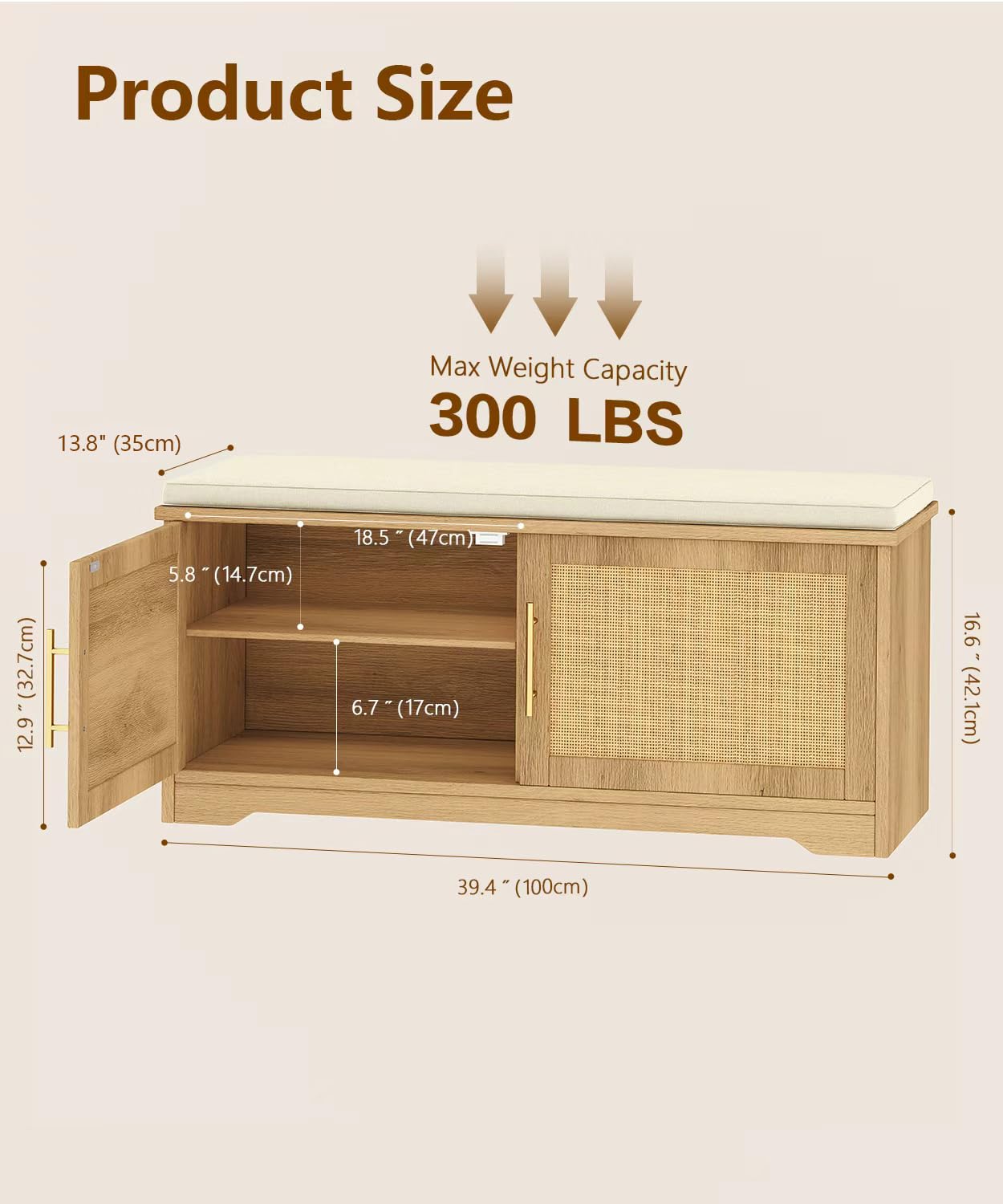 Zeibospri Rattan Shoe Storage Bench, 39.4" Wide Entryway Bench, Natural Oak