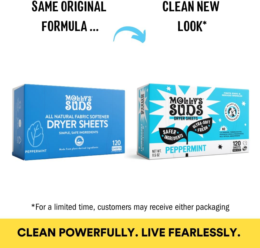 Molly's Suds Fabric Softener Dryer Sheets for Sensitive Skin | Plant-Based Static Reducer, Plastic-Free Packaging | Bundle of 2, Peppermint (240 Sheets Total)