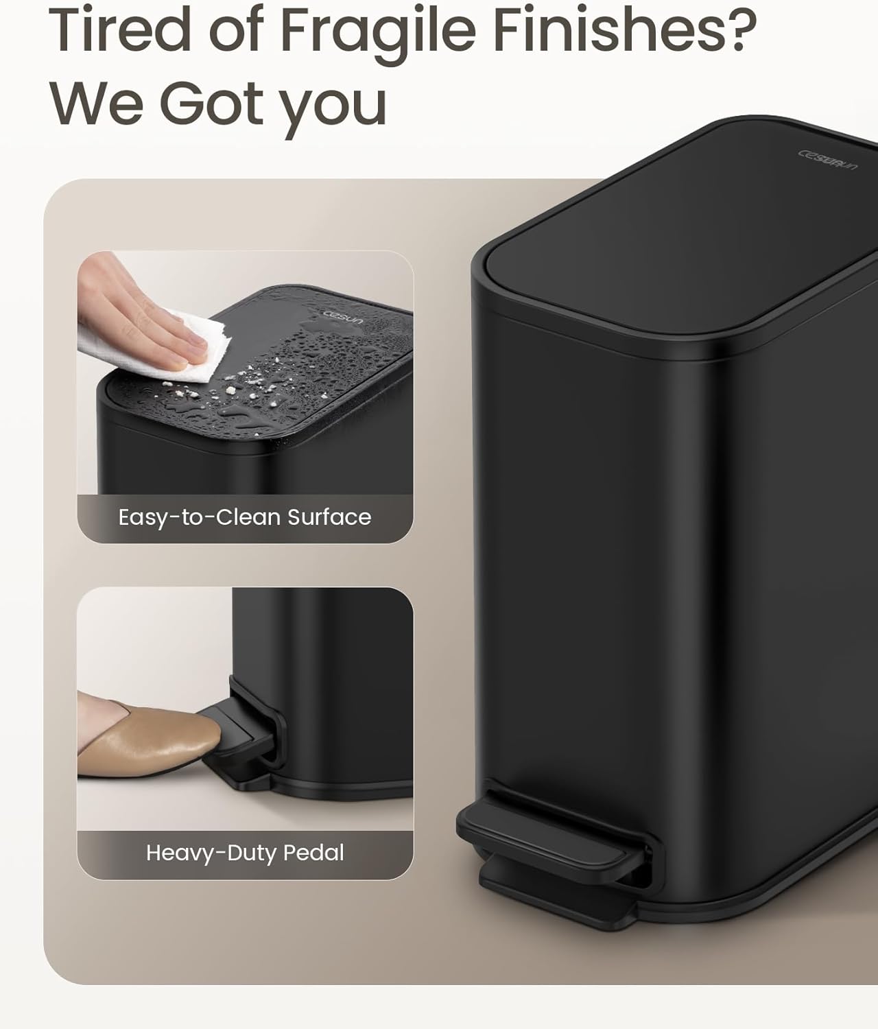 Cesun Small Bathroom Trash Can with Lid Soft Close, Step Pedal, 5 Liter / 1.3 Gallon Stainless Steel Garbage Can with Removable Inner Bucket, Waste Basket for Bathroom, Bedroom (Matte Black)