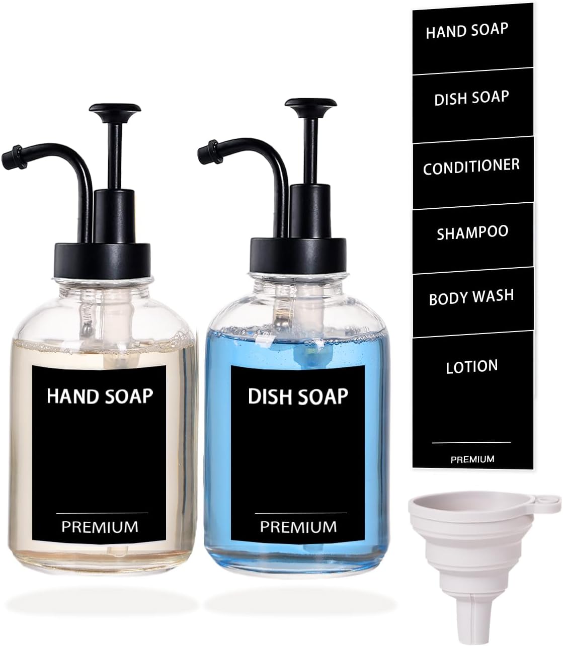 12oz Dish Soap Dispenser for Kitchen, Hand Glass Soap Dispenser Set with Pump, Tray, Funnel for Bathroom, Shower, Laundry, Liquid, Lotion (Black 2 Pack Clear Bottles with 12 Stickers)