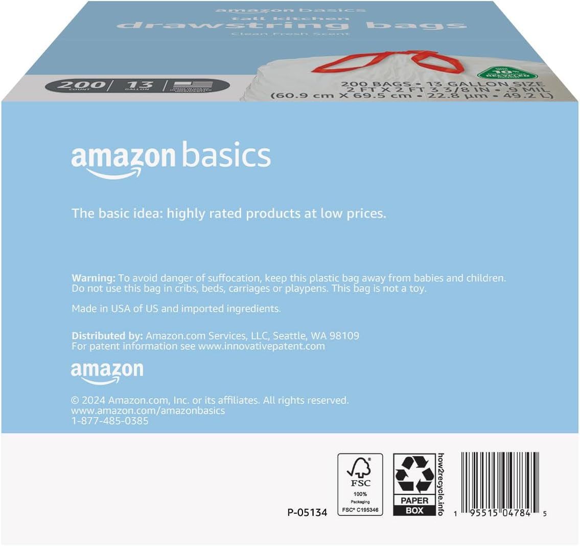 Amazon Basics 13 Gallon Tall Kitchen Drawstring Trash Bags, Clean Fresh Scnet, 10% Post Consumer Recycled, 200 Count