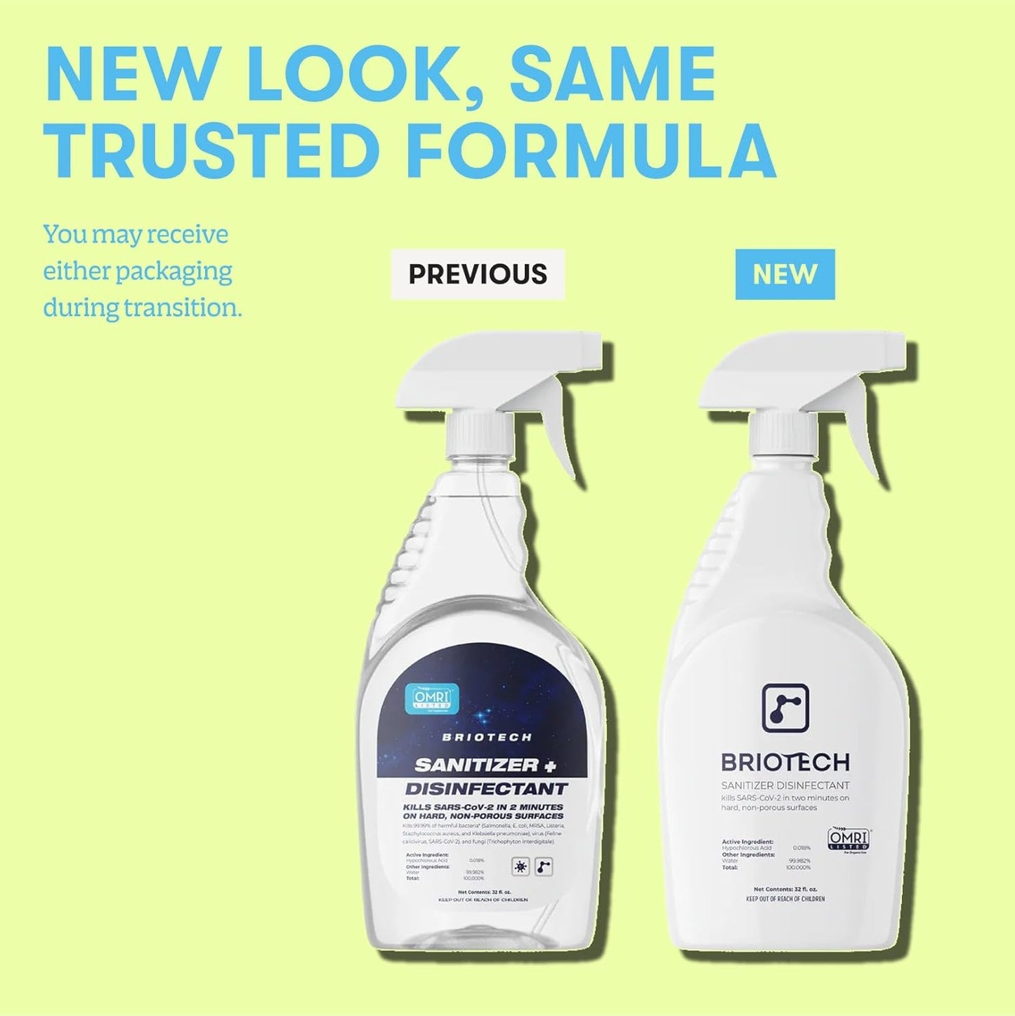 BRIOTECH Sanitizer Disinfectant Hypochlorous Spray, Kills 99.99% of Viruses & Bacteria, Eliminates Odor, Gentle for Nurseries & Play Rooms, Rinse Free Surface Sanitizer, 32 fl oz (Pack of 2)