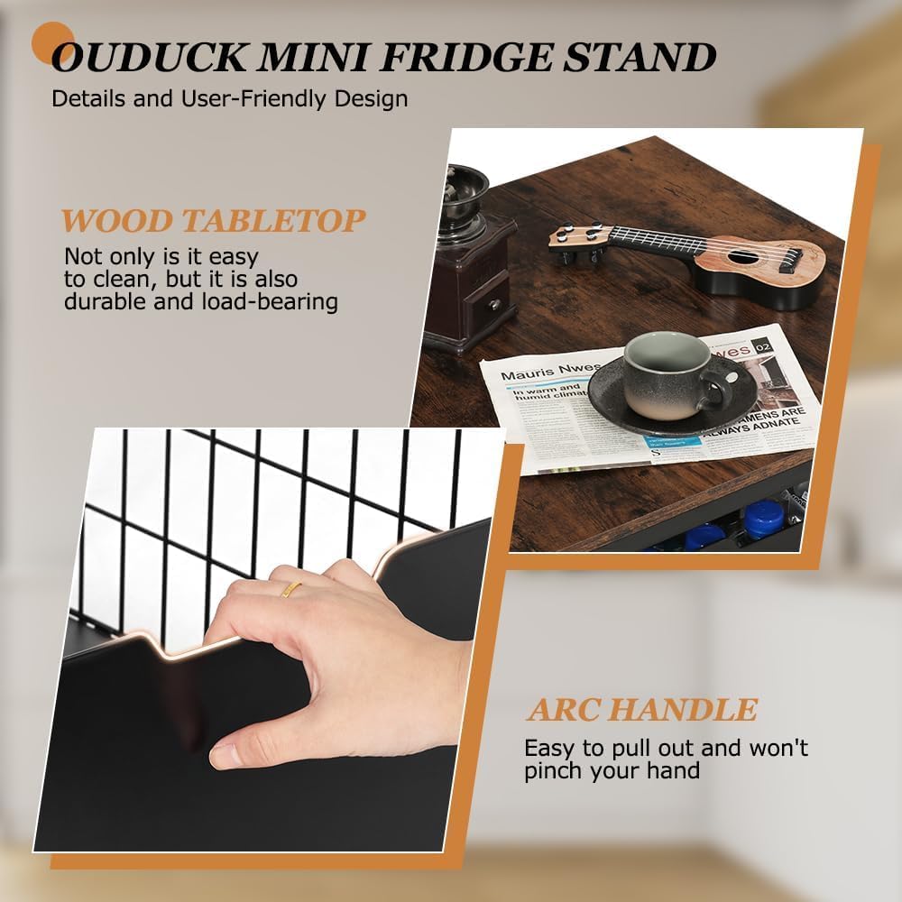 Mini Fridge Stand with Storage Drawer, 21.7”x21.7” Heavy Duty Mini Fridge Table with Wheels, Rolling Beverage Cart with Basket for Home, Office, Bedroom, Brown