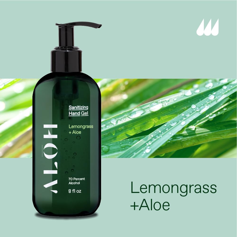 ALŌH Sanitizing Hand Gel 2-pack | Lemongrass + Aloe | 70% Alcohol Hydrating Hand Sanitizer Gel with Essential Oil, for Kids & Adults | 8oz Size Bottle (Set of 2)