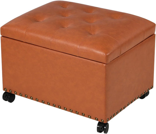 24" Square Ottomans with Storage, Leather Ottoman with Storage with Lockable Wheels and Hight