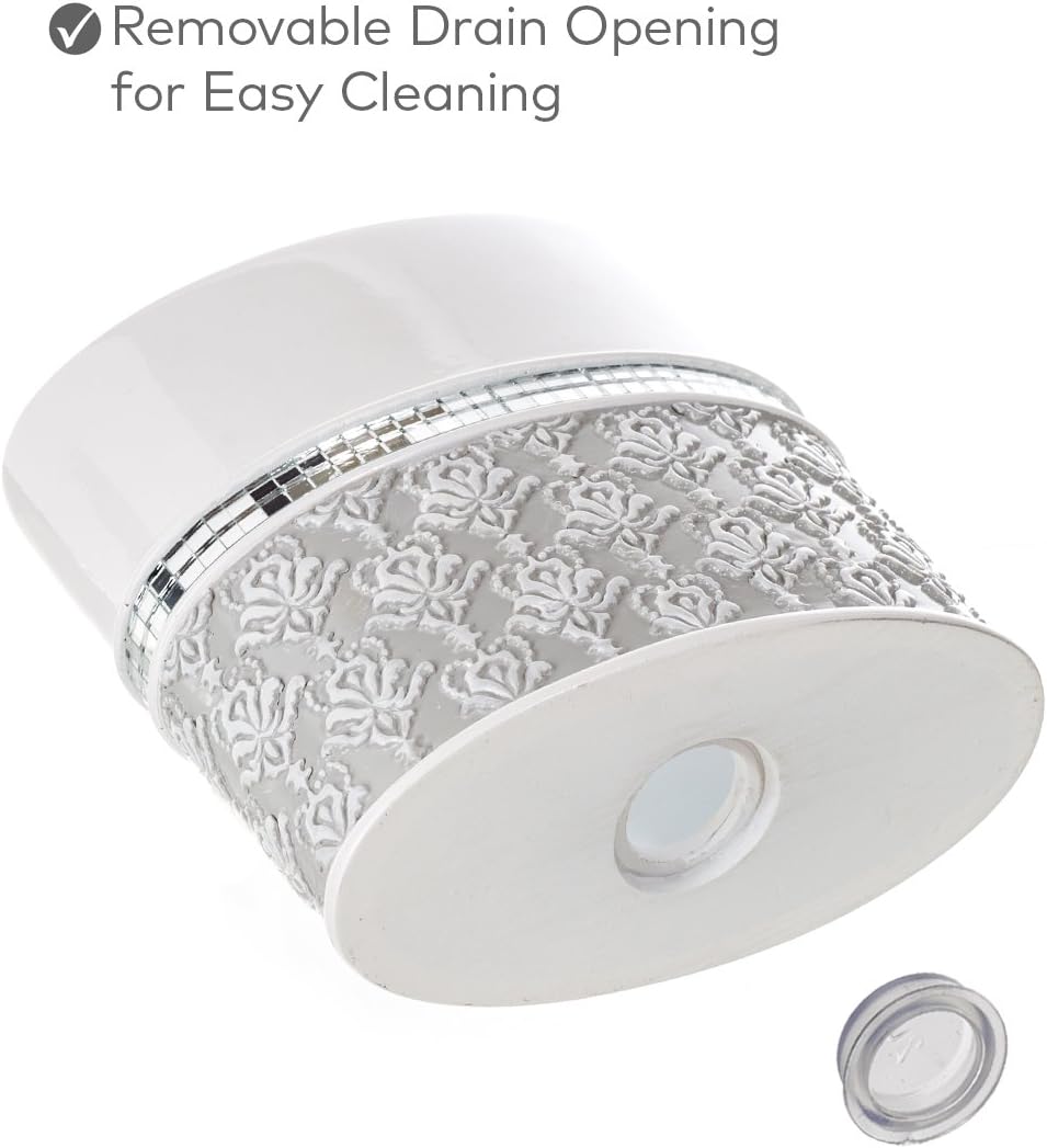 Creative Scents Mirror Damask Bathroom Accessory Set Complete - Decorative 4 Piece White and Gray Bathroom Set Includes: Soap Dispenser, Soap Dish, Toothbrush Holder and Tumbler