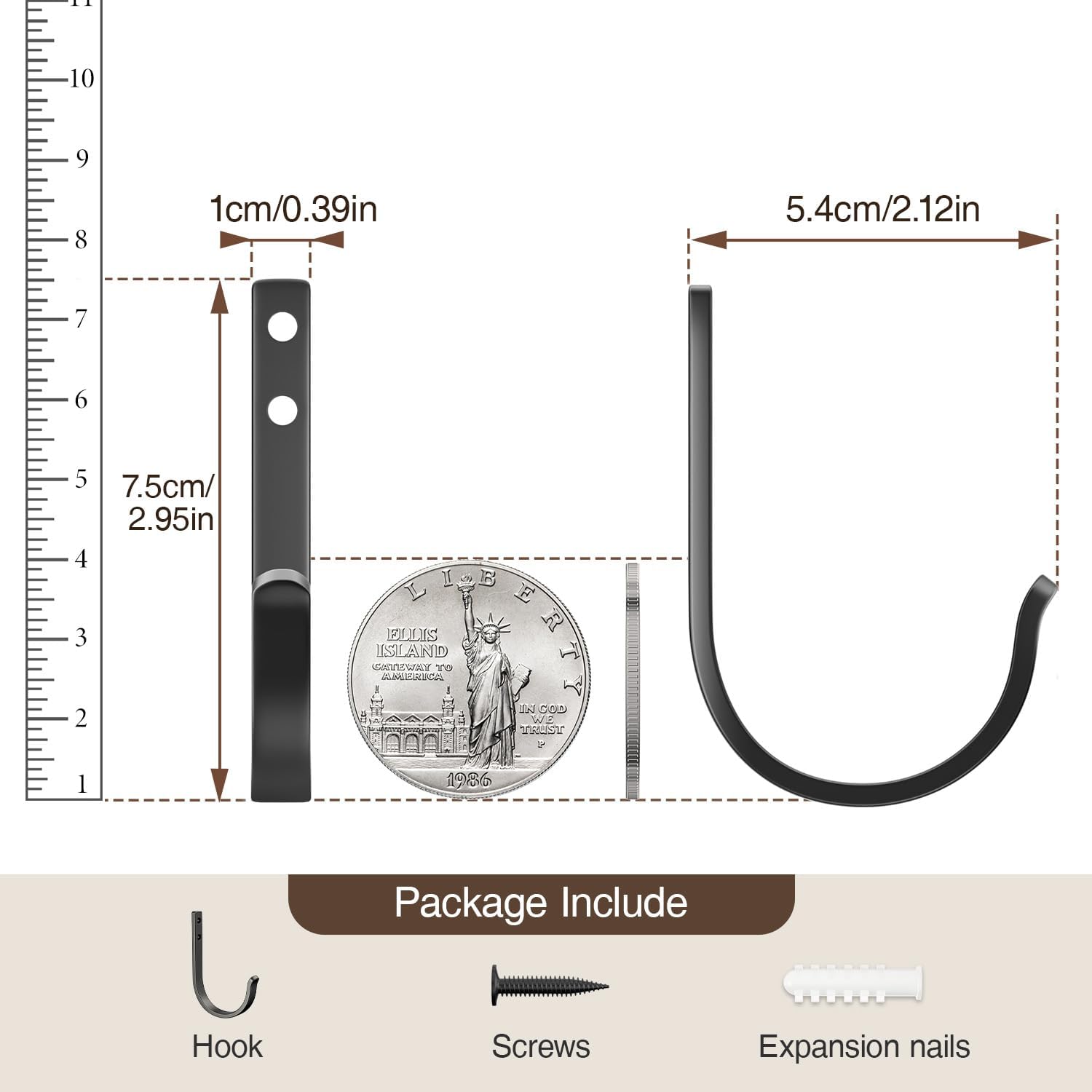 Josmimic 22LB Wall Hooks for Hanging Towel/Coat, Black 5 Pack