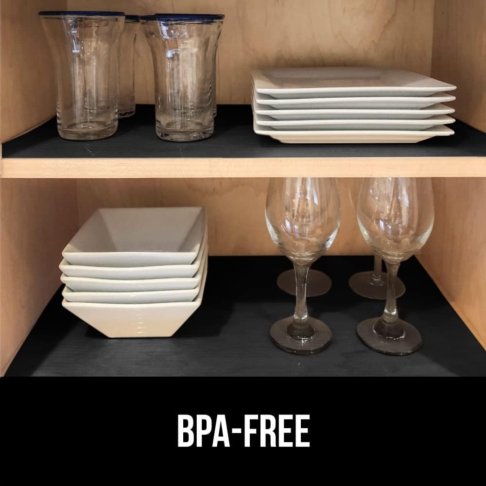 GORILLA GRIP DuraGuard Shelf Liner, Non-Adhesive Cabinet Liners for Kitchen Drawers, Shelves, Refrigerator, Pantry Storage, Bathroom Closet, Durable Waterproof BPA Free Ribbed Plastic, 12x20 Jet Black