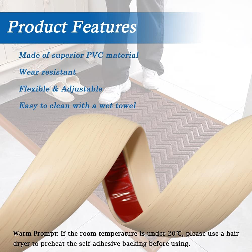 Floor Transition Strip Self Adhesive Carpet & Flooring Transitions Edging Trim Strip PVC Threshold Transitions Suitable for Threshold Height Less Than 5mm (3.3Ft, Wood Grain Beige-New)