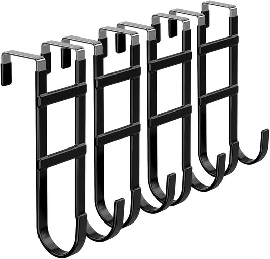 FYY Over The Door Hooks - 4 Pack Heavy Duty Dual-Hook Organizer Hanger with Non-Slip Rubber for Towels, Clothes, Hats & Bags Use in Bathroom, Bedroom, Kitchen - Fits Interior Doors Up to 1.6" Black