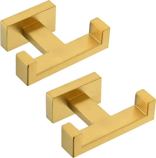 Angle Simple Double Towel Hook Brushed Gold 2 PCS, SUS304 Stainless Steel Bathroom Hand Towel Holder, Double Robe Hook for Wall