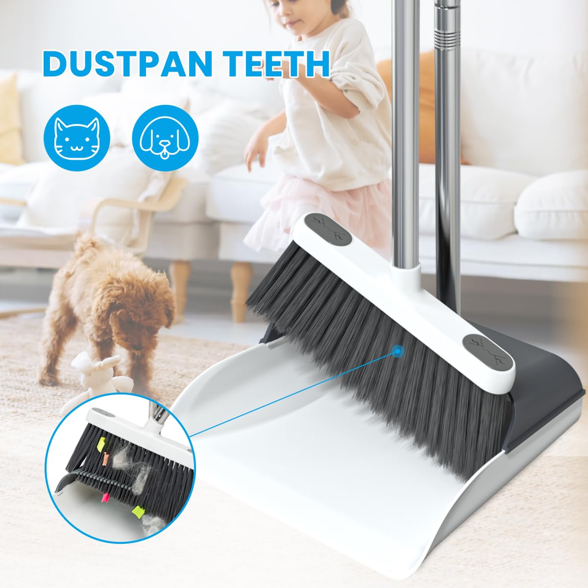 Stand Up Dustpan and Broom Set 50” Long Handle Broom with Dust Pan, 20° Angled for Ergonomic Home