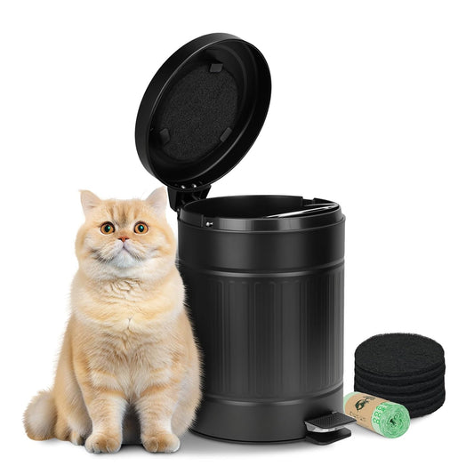 5L/1.3 Gal Dog Poop Trash Can with Lid - Stainless Steel Outdoor Pet Waste Bin, Step Pedal Soft Close Garbage Can for Backyard, Bathroom, Office - Odor Control, Farmhouse Retro Style (Black)