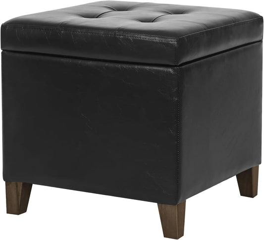 Adeco Faux Leather Storage Ottoman Bench with Solid Wood Legs, 17.7" Square Black PU Cube Foot