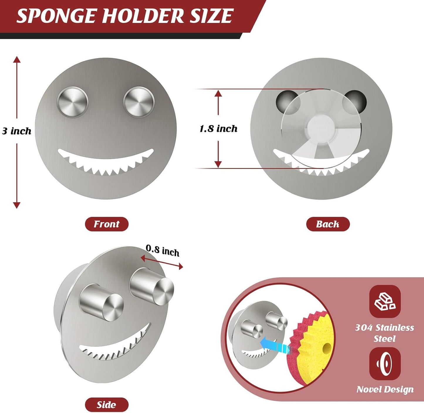 Sponge Holder for Kitchen Sink,Sink Caddy Organizer with Suction Cup Installation for Kitchen/Bathroom, Self Draining,Sponge Caddy for Holding Smiley Sponges-Silver