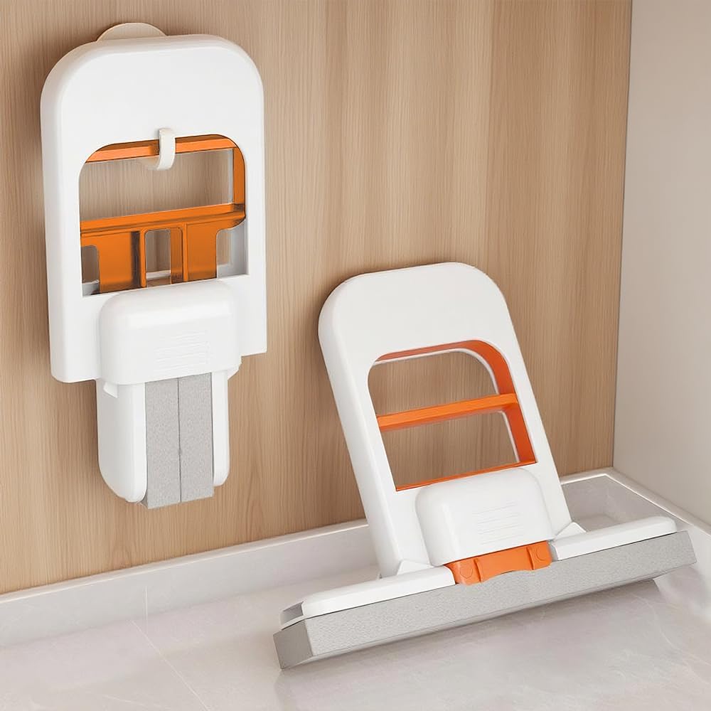 Mini Foldable Desktop Mop, Wet and Dry Portable Cleaning Sponge Mop,Self Squeezing Mini Sponge Mop with One Replaceable Head,for Small Spaces,Bathroom,Kitchen,Glass (Orange+Black)