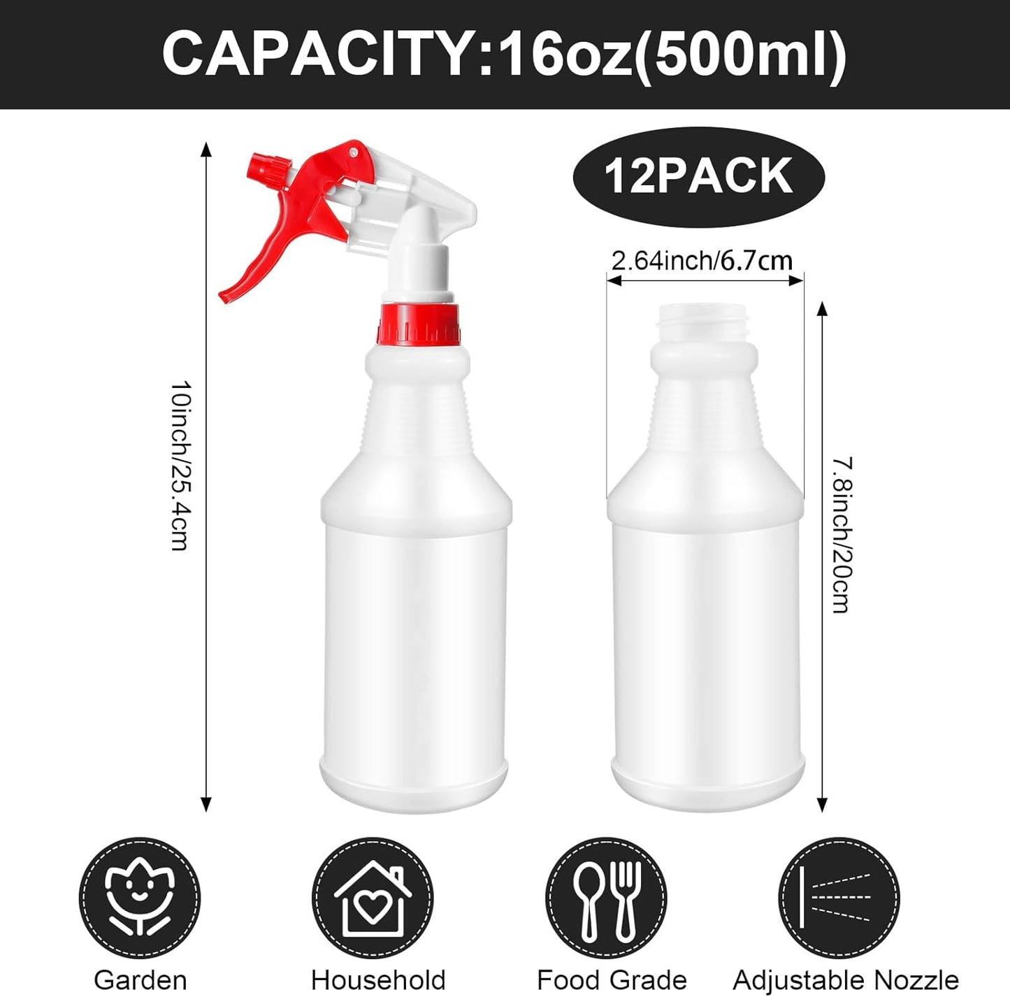 Eccliy 12 Pcs 16 Oz Plastic Spray Bottle, Adjustable Empty Reusable Sprayer for Cleaning, Planting, Water, Bathroom and Kitchen, BBQ, Commercial and Residential(Multicolor,Original)