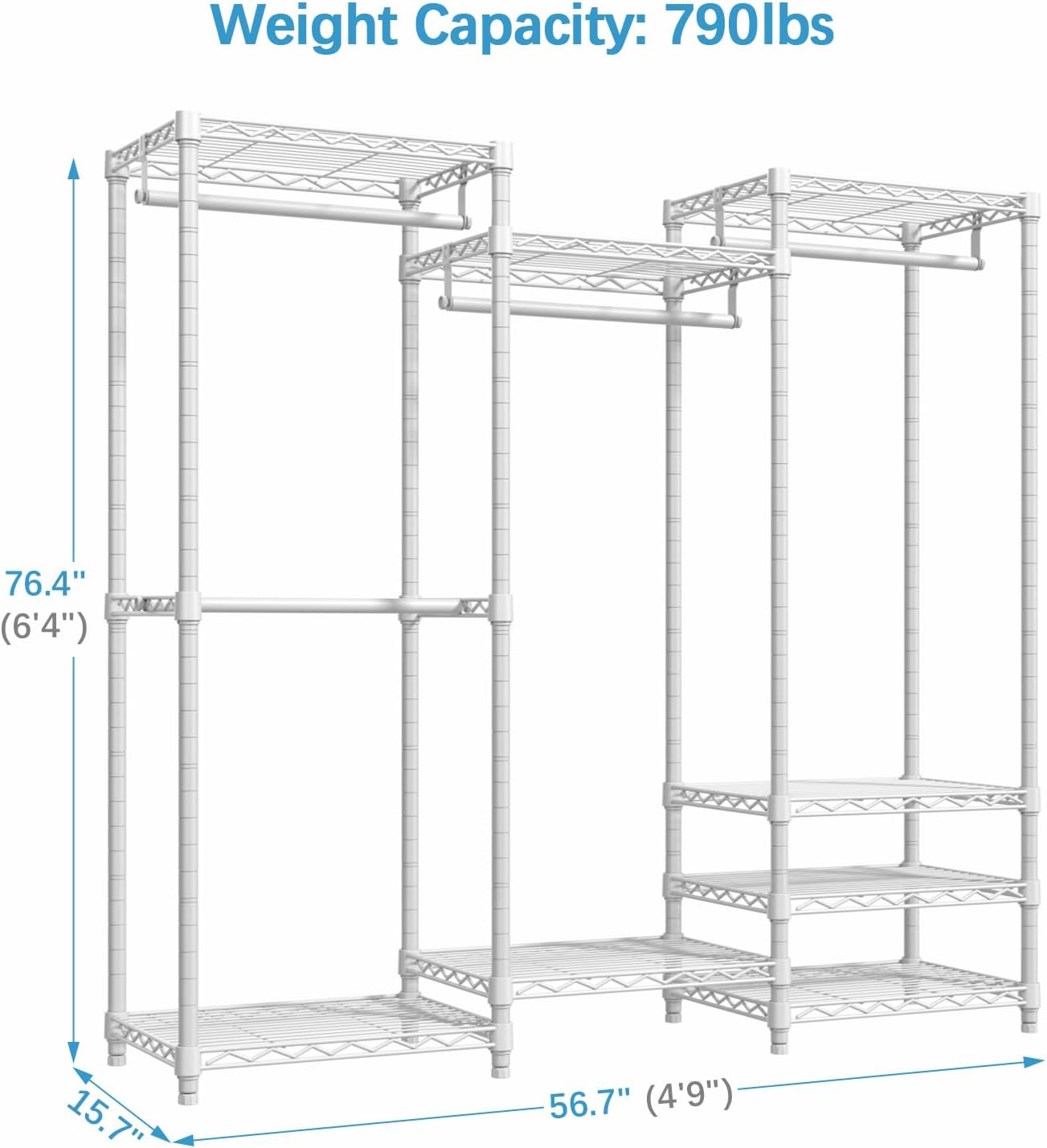VIPEK V5 Medium Portable Closet Wardrobe Heavy Duty Clothes Rack, Freestanding Closet Metal Clothing Rack with 4 Hang Rods & 8 Shelves, Adjustable Custom Closet Rack, 56.7" Lx15.7 Wx76.4 H, White