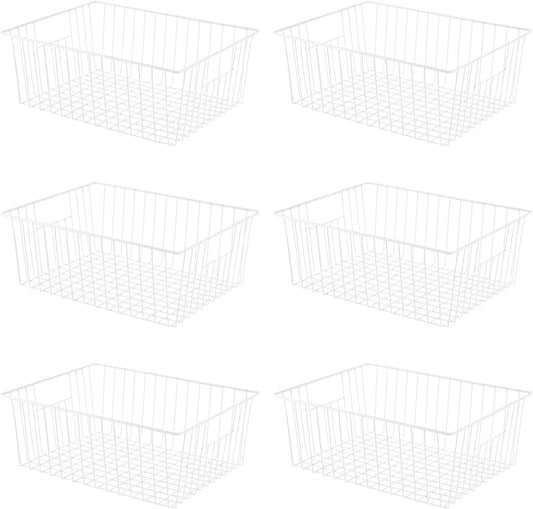Upright Freezer Organizer Bins，Freezer Storage Baskets for 16, 17, 21 cu.ft Standup Freezer, Wire Storage Baskets with Built-in Handles, 6Pcs , White