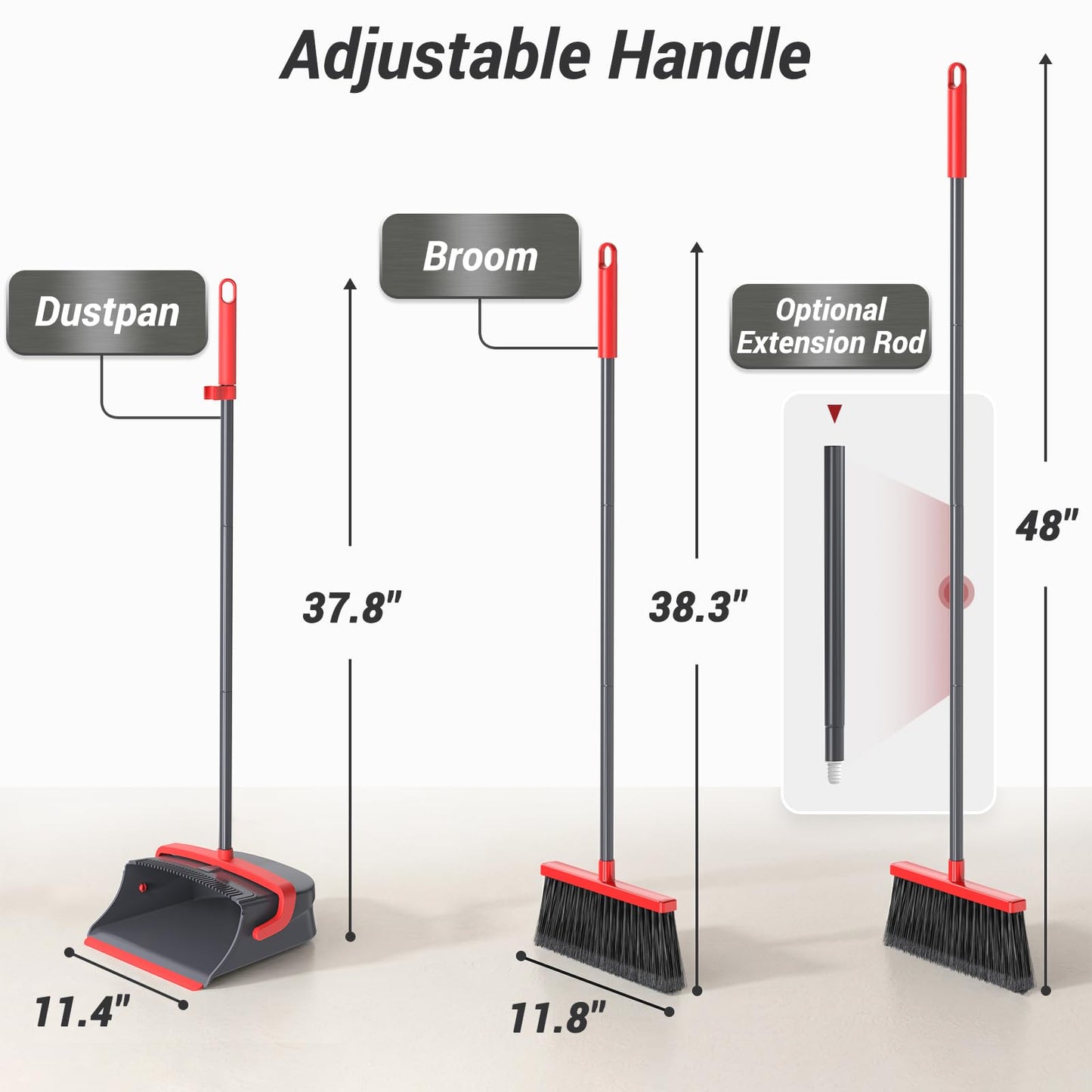 Zeawec Broom with Dustpan Set for Pet Hair & Dust Cleanup, Red & Gray