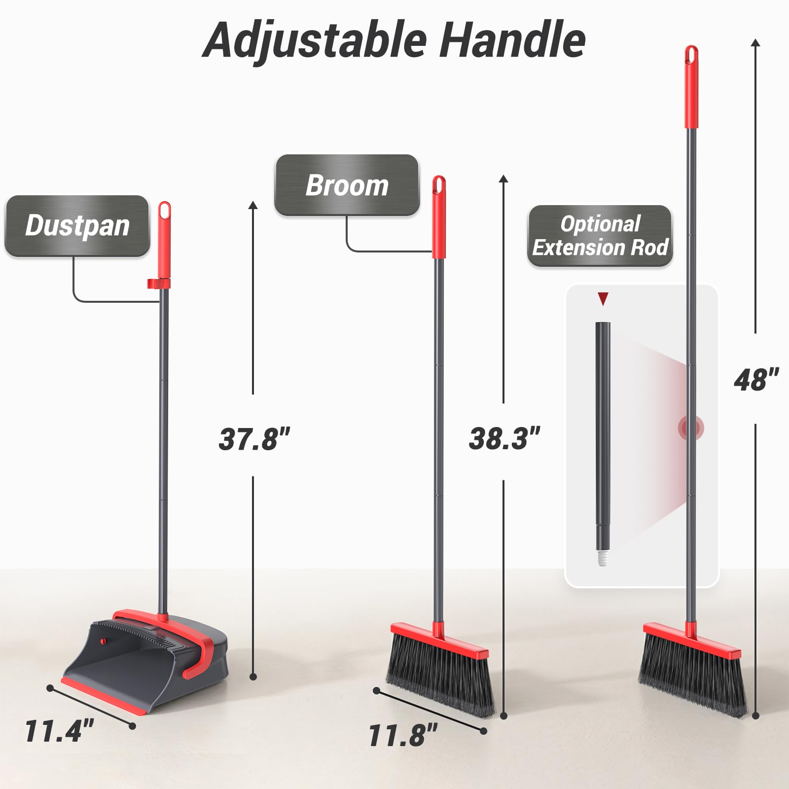Zeawec Broom with Dustpan Set for Pet Hair & Dust Cleanup, Red & Gray