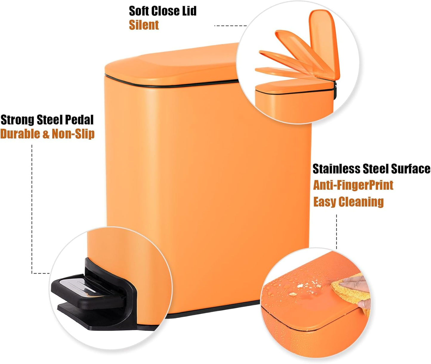 Cesun Small Bathroom Trash Can with Lid Soft Close, Step Pedal, 6 Liter / 1.6 Gallon Stainless Steel Garbage Can with Removable Inner Bucket, Anti-Fingerprint Finish (Matt Orange)