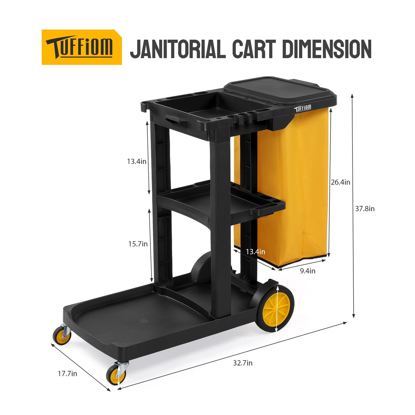 TUFFIOM Commercial Traditional Cleaning 3-Shelf Janitorial Cart, 500 Lbs Capacity Housekeeping