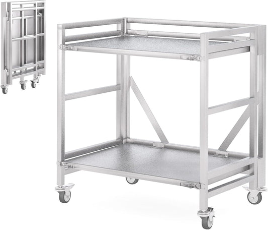 2 Shelf Rolling Cart with Wheels, 660lbs Capacity Collapsible Steel Rolling Utility Cart