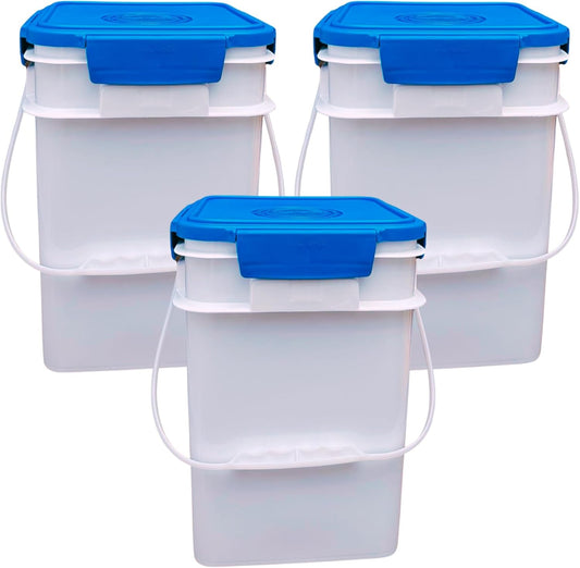 House Naturals 4 Gallon Square Food Grade Bucket Pail with Plastic Handles and Lid (Pack of 3) Made