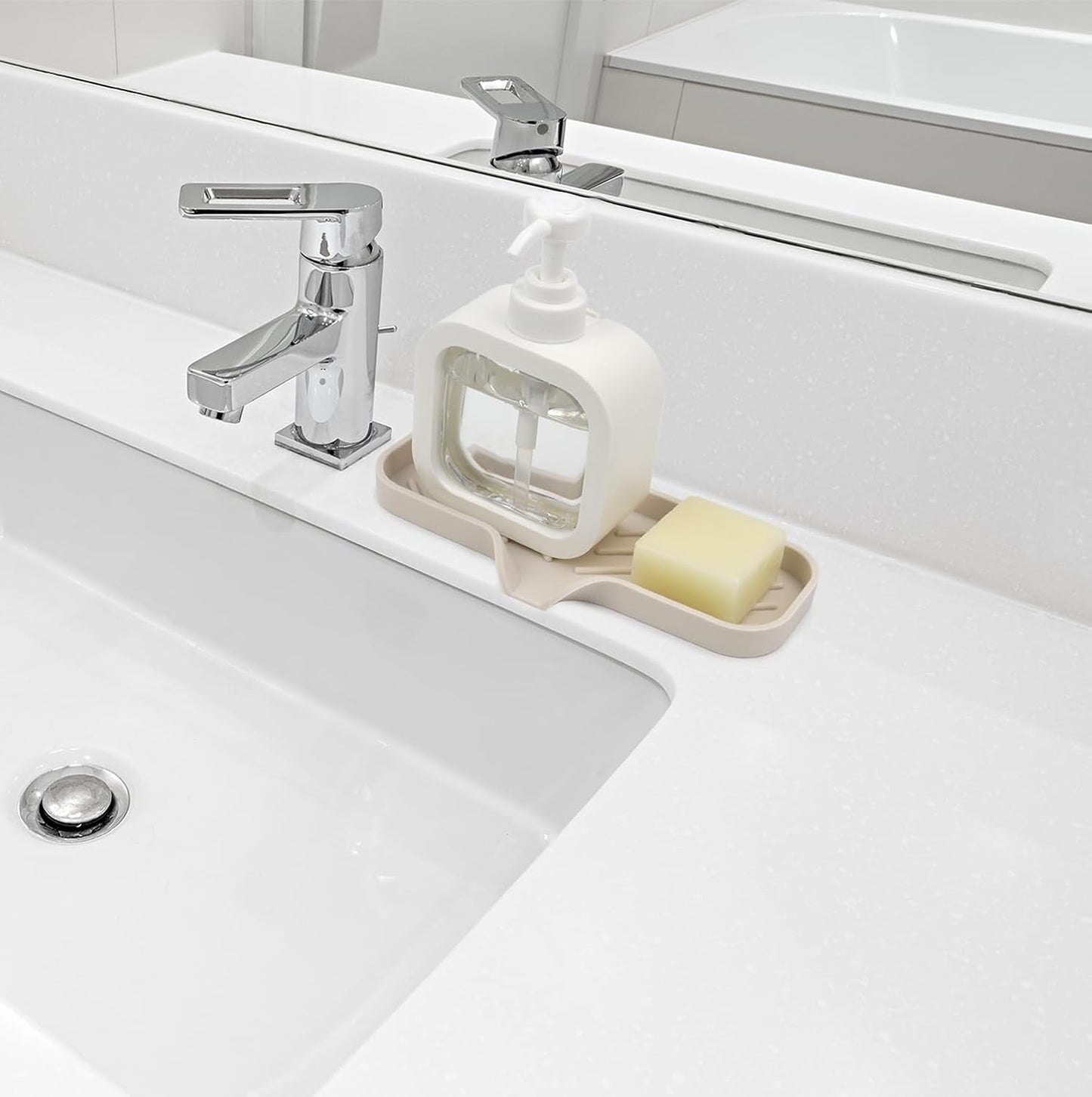 YASMEN Silicone Bathroom Soap Dishes, Sink Sponge Holder for Kitchen, Rubber Soap Dish with Drain, Shower Soap Sponge Tray, Sink or Counter Organizer, for Bar Soap, Bottle, Dish Soap Dispenser-Tapioca