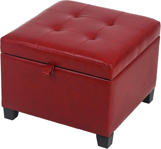 Adeco Faux Leather Storage Ottoman with Hinged Lid, 14 Inch High Red Square Cube Foot Stool with