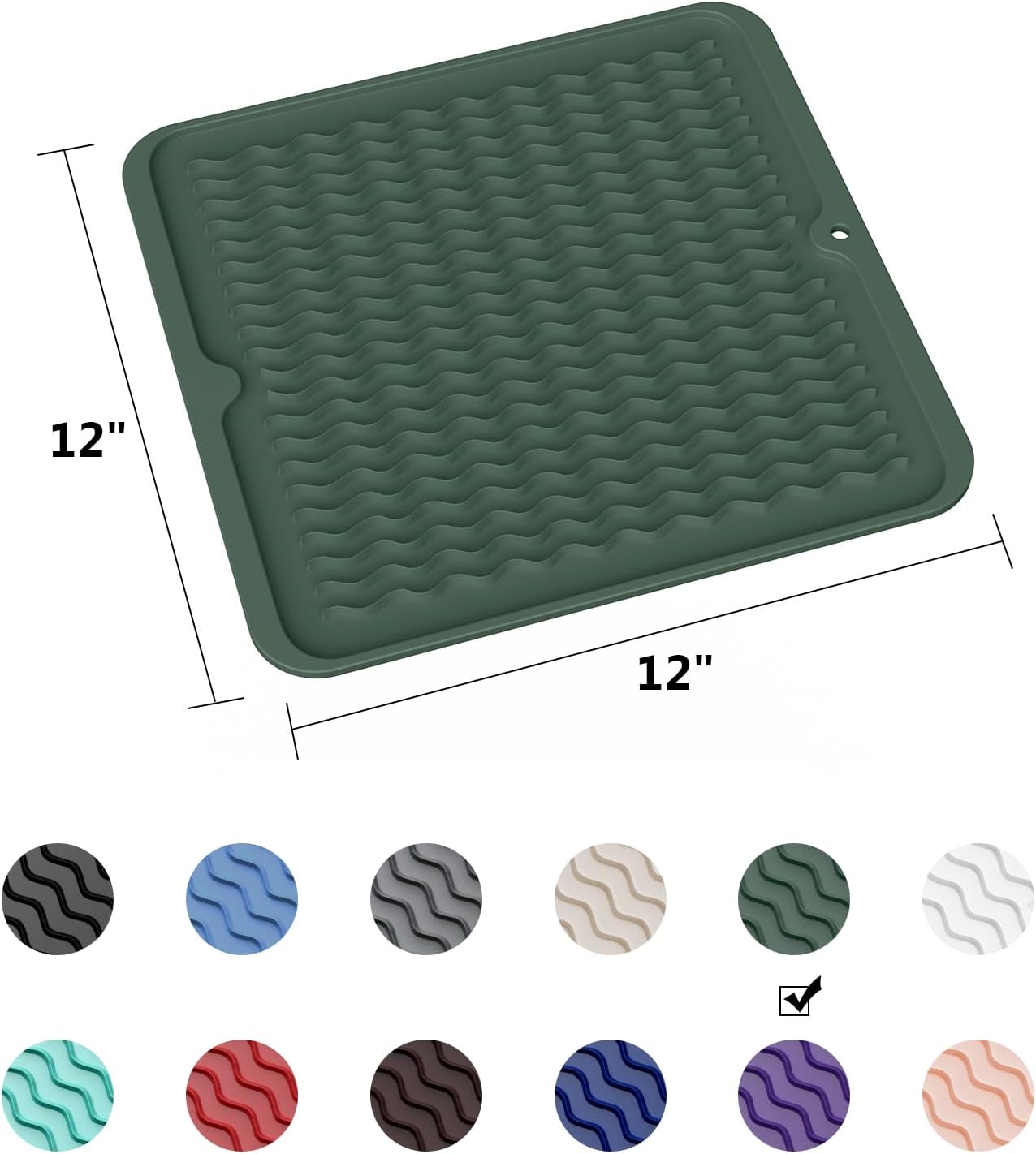 ZLR Silicone Dish Drying Mat for Kitchen Counter, Eco-Friendly Fast Dry Dish Mat, Easy Clean Multi Usage Drying Matt, Heat Resistant Trivet, 12" x 12" Middle, Dark Green