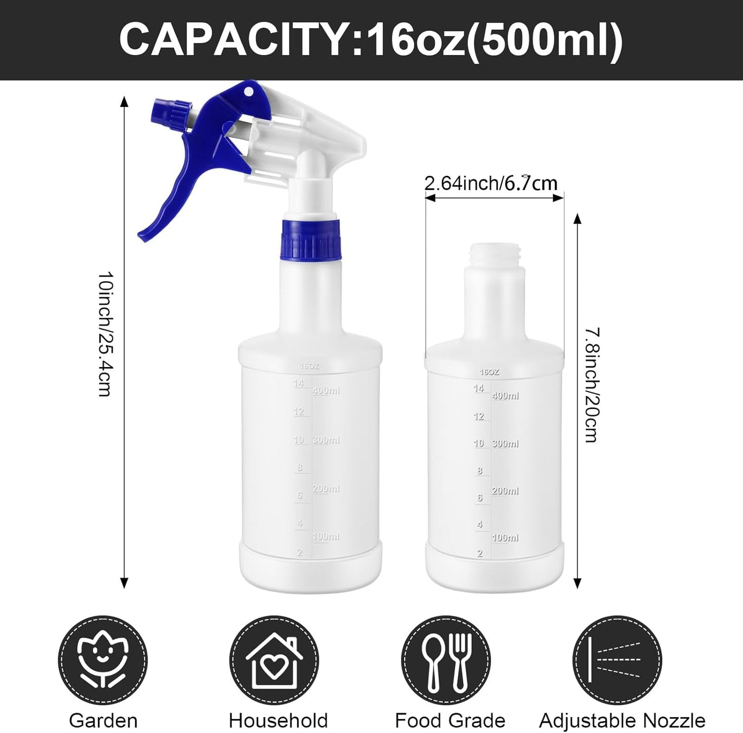 Eccliy 12 Pcs 16 Oz Plastic Spray Bottle, Adjustable Empty Reusable Sprayer for Cleaning, Planting, Water, Bathroom and Kitchen, BBQ, Commercial and Residential (Blue,Measurements)