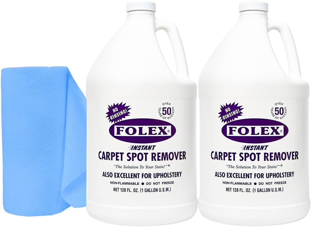 FOLEX Instant Carpet Spot Remover 128 oz - Powerful Stain Remover for Carpets, Upholstery & Rugs - Eliminates Pet Stains, Grease, Red Wine, Food, Makeup & More - With Reusable Cleaning Cloth - 2 Pack