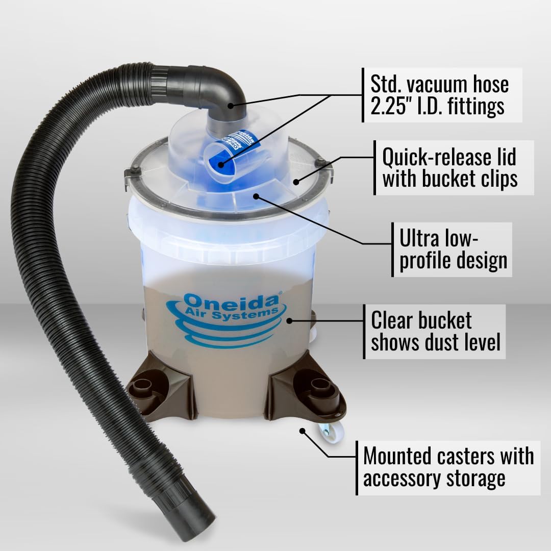 Oneida Dust Deputy Low-Pro Deluxe Lid Dust Separator Kit with Clear 5-Gallon Dust Collection Bucket, 3 ft Hose, 2.5 in Adapter, & Mounted Casters for Shop Wet Dry Vacuums - Made in USA
