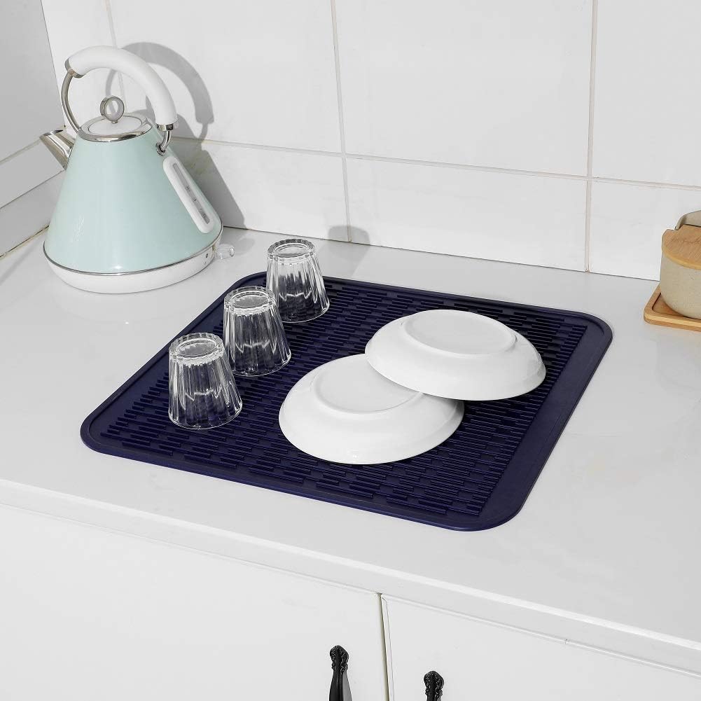 Silicone Dish Drying Mat for Multiple Usage,Easy clean,Eco-friendly,Heat-resistant Silicone Mat for Kitchen Counter or Sink,Refrigerator or Drawer Liner Navy Blue 2XL 24 inches x 18 inches