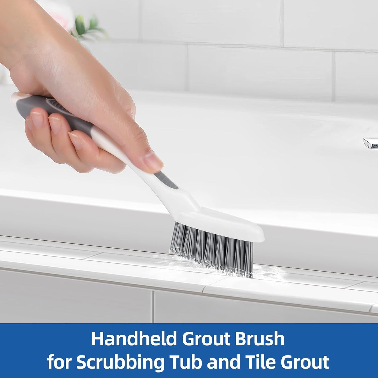 Qaestfy Grout Brush with Long Handle for Cleaning, Stiff Bristles Handheld Tile Scrub Brush, V-Shape Crevice Cleaning Brush for Floor Deep Cleaning