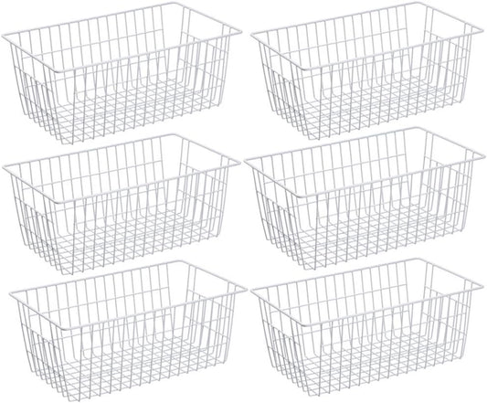SANNO Wire Metal Baskets Freezer Baskets Farmhouse Organizer Storage Bins Large Organizer Bins for Shelf Storage, Office, Bathroom, Pantry Organization Storage Bins Rack with Handles-Set of 6