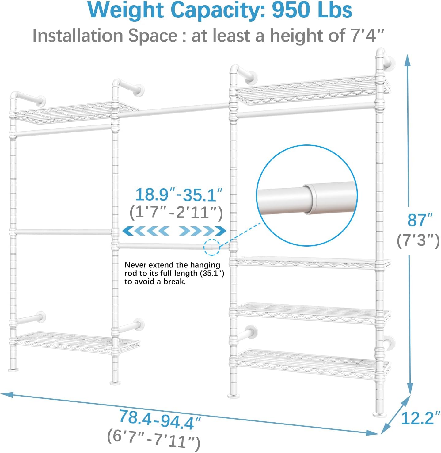 Timate F3 Garment Rack Heavy Duty Clothes Rack for Hanging Clothes, Expandable Industrial Pipe Wall Mounted Clothing Rack, Adjustable Storage Closet Wardrobe Closet Kit Walk in Closet Systems, White