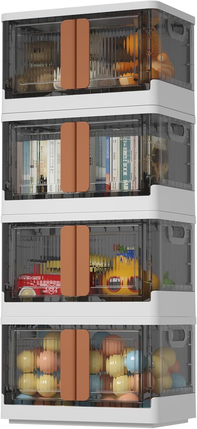 HAIXIN Plastic Storage Containers, Stackable Closet Organizers and Storage, Folding Bookshelf for Bedroom, 8.4 Gal Collapsible Laundry Organizer, 4 Pack