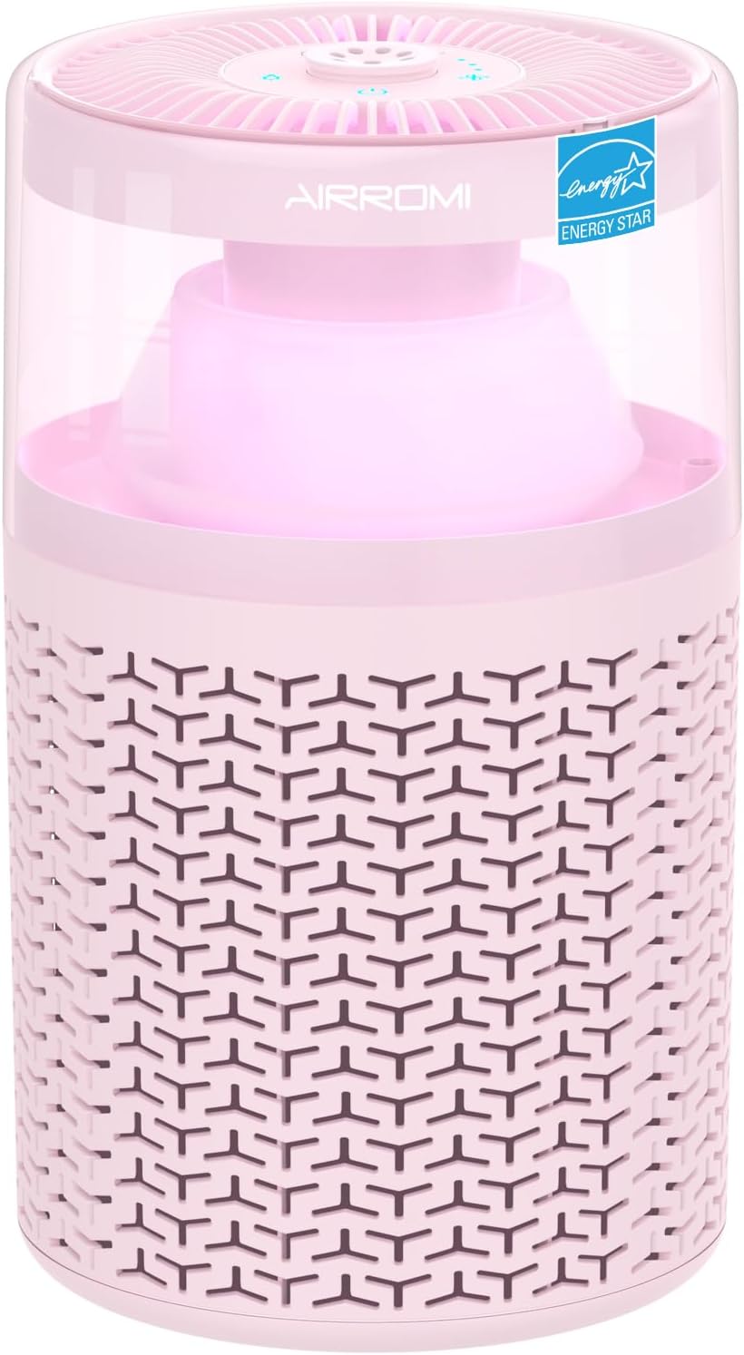 AIRROMI Air Purifiers for Bedroom Home,Up to 658 Ft²,Activated Carbon Filter Cleaner,With Fragrance Sponge for Better Sleep,Night Light,Pet Dander,Allergies,Smoke,Odor,Desktop Air Cleaner A2002 Pink