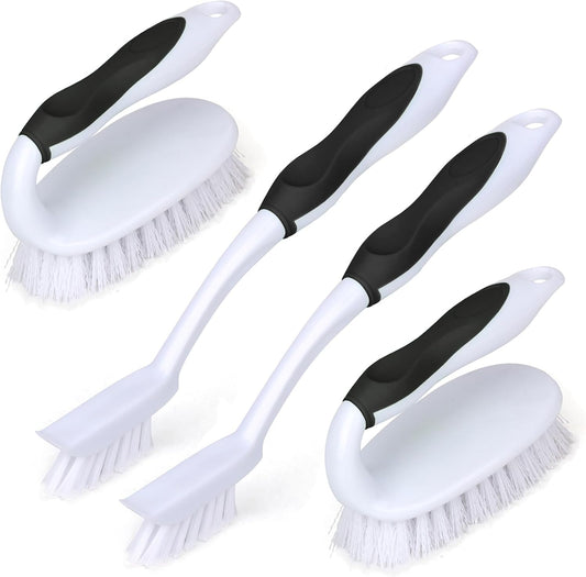 Scrub Brush Set, 4 Pack Deep Cleaning Brush Kit - 2 Scrub Brush, 2 Tile & Grout Brush with Built-in Scraper, Household Commercial Scrubber for Floor, Shower, Pool Wall, Tub (Black)