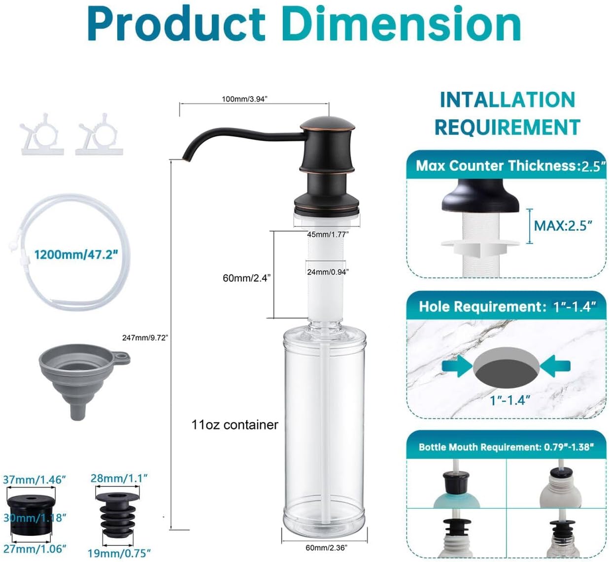 Delle Rosa Soap Dispenser, Liquid Soap Dispensers for Kitchen Sink, Brass Head Kitchen Sink Soap Dispenser Soap,Oil Rubbed Bronze Brass Pump with 47" Extension Tube kit, No Need to Fill