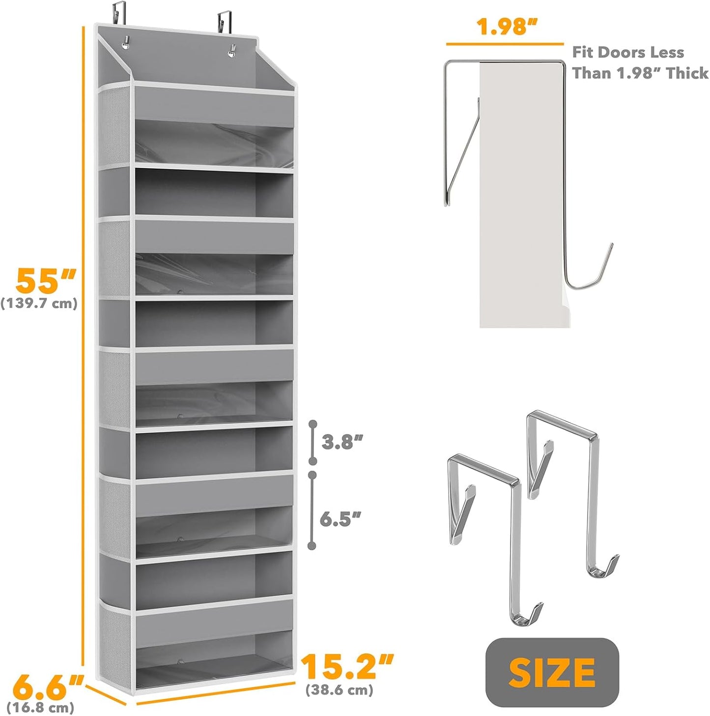 SpaceAid 2 Pack Over The Door Organizer with 5 Large Pockets and 10 Mesh Side Pockets, 5 Layers Door Organizer Hanging with Clear Window for Bedroom, Bathroom, Pantry and Nursery, Gray