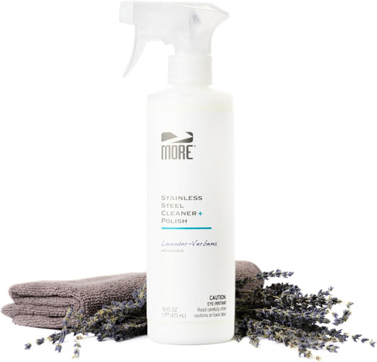 MORE - Stainless Steel Cleaner & Polish Spray + Microfiber Cloth - Stainless Steel Cleaner for Appliances, Sink, Fridge & Grill - Water-Based Streak-Free Formula - Lavender Essential Oil Scent 16 oz