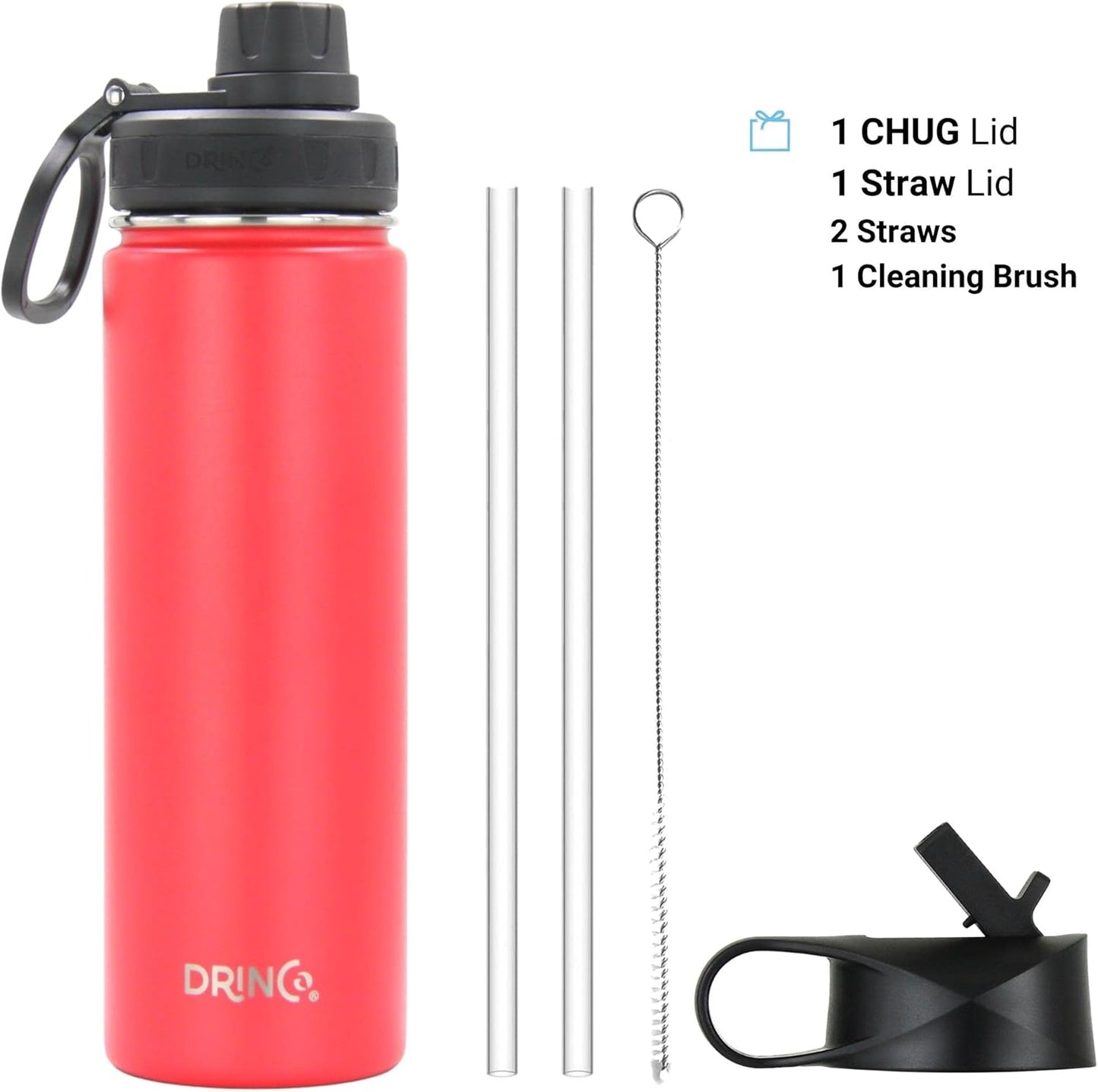 DRINCO Stainless Steel Water Bottle Spout Lid Vacuum Insulated Double Wall Water Bottle Wide Mouth (40oz 32oz 22oz 18oz 14oz) Leak Proof Keeps Cold or Hot (22 oz, 22oz Barn Red)