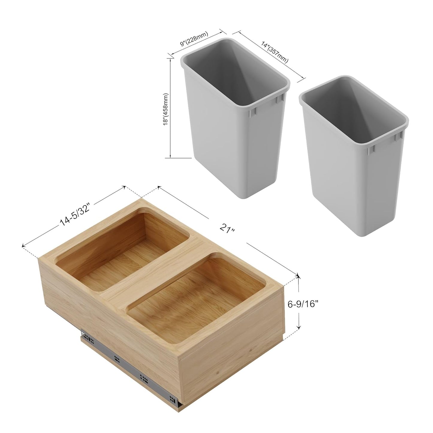 Dowell B18/B21 Wood Base Wastebasket Pullout with Two 35Qt Plastic Bins (4008 0218 35 * 2)