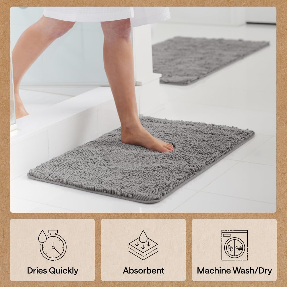 GORILLA GRIP Bath Rug Mat, Thick Soft Absorbent Chenille, Quick Dry Microfiber Mats, Rubber