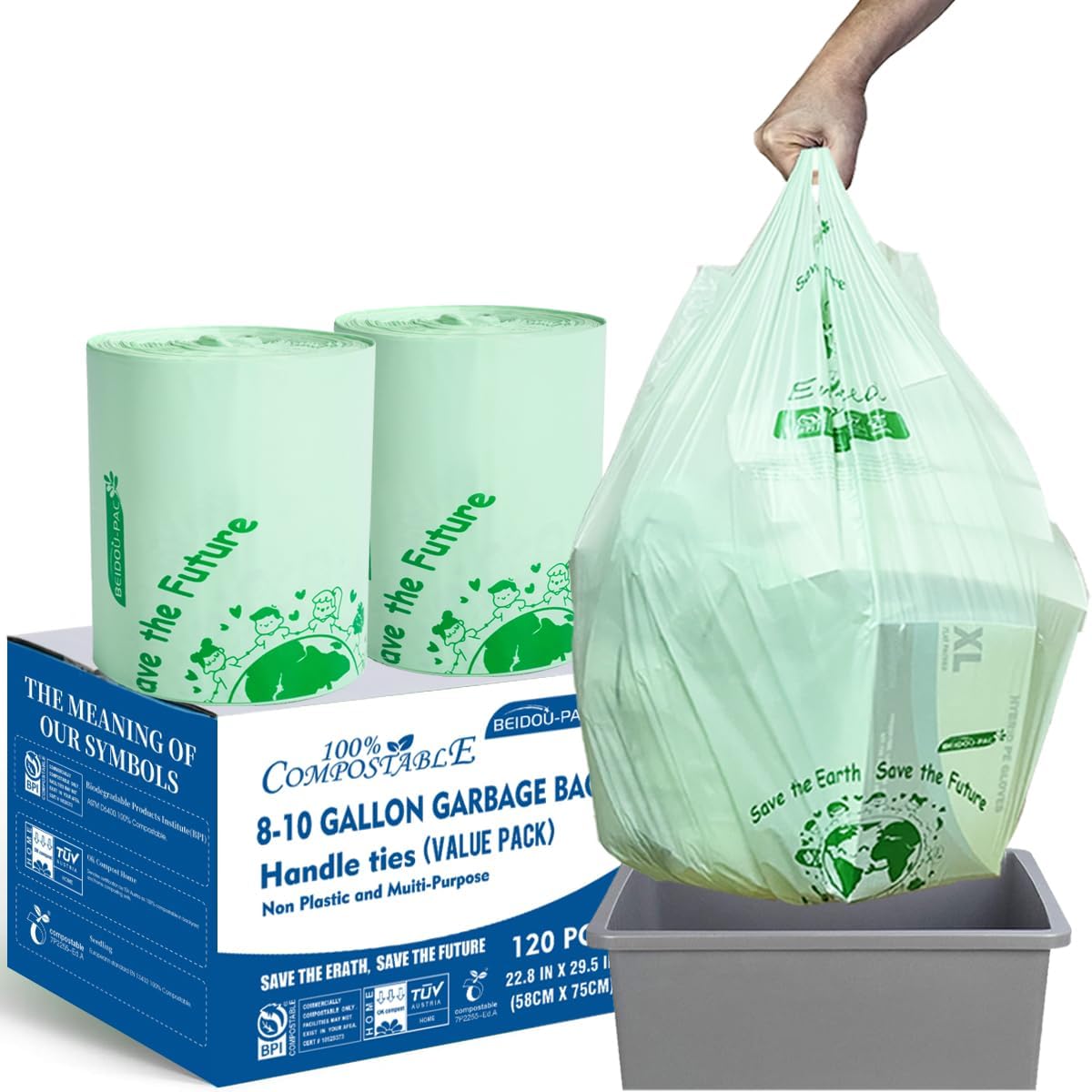 8-10 Gallon Compostable Trash Bags, 120 Count, Compost Bags Kitchen Trash Bags with Handle, Sturdy Biodegradable Garbage Bags Food Scrap Waste Bags, ASTM D6400, US BPI Certified